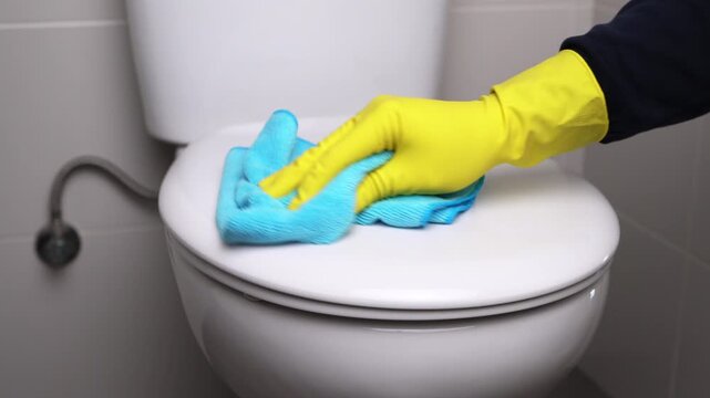 Hand in a yellow rubber glove with blue rag cleaning the toilet in the bathroom. Disinfect and sanitary standards.Scrubbing and cleaning.