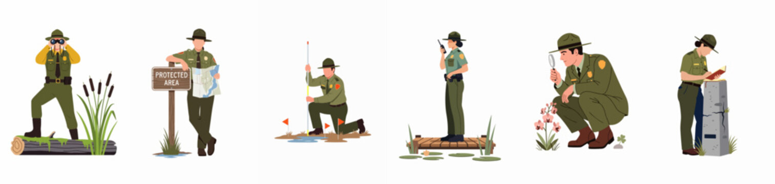 Vector illustration set of professional park rangers in uniform performing various environmental protection, monitoring, and conservation tasks in a flat design style.