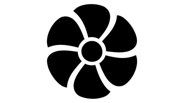 Black plastic computer cooling fan with seven curved blades vector illustration, essential hardware component icon for thermal management and server room ventilation systems design.