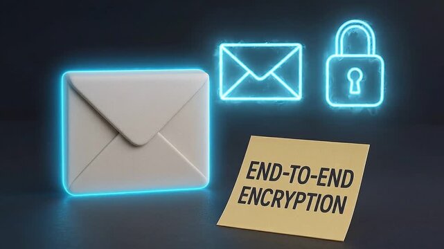 End to end encryption concept featuring envelope and lock icons glowing blue neon light symbolizing secure email communication data protection digital privacy technology enhancing communication