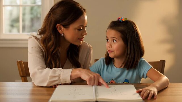 Woman tutor coaching a young girl with homework in house. Teacher helping student learn math. Family academic guidance concept and educational development process.