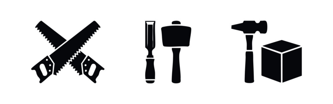 Carpentry and woodworking tool icons set with crosscut saws, chisel, mallet, and hammer.