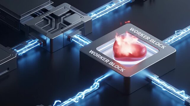 Heart glowing with fire inside futuristic metallic block connected by glowing blue circuits symbolizing emotion and creative block in technology work environment digital network connection system