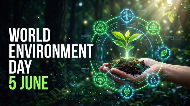 World Environment Day 5 June poster, green plant sapling in hand with digital eco icons, sustainable energy and nature conservation concept