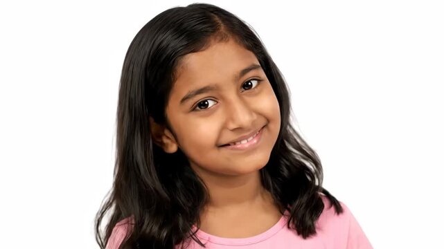 Young Smiling South Asian Girl Portrait - A close-up portrait captures a young South Asian girl with long dark hair, smiling gently at the camera.