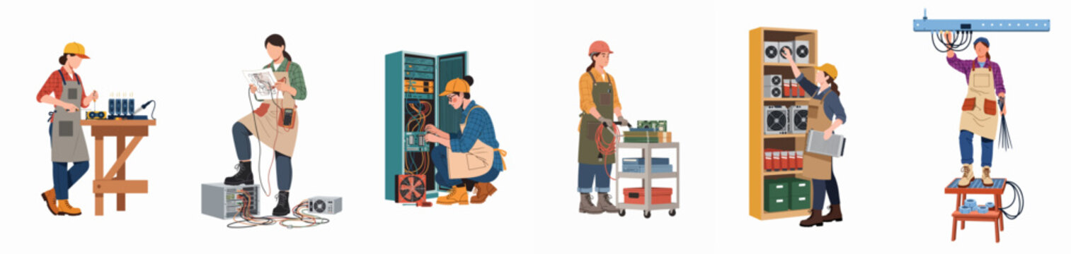 Illustrations of female technicians performing hardware assembly, server maintenance, electronic repairs, and industrial wiring in a professional workshop and data center environment.