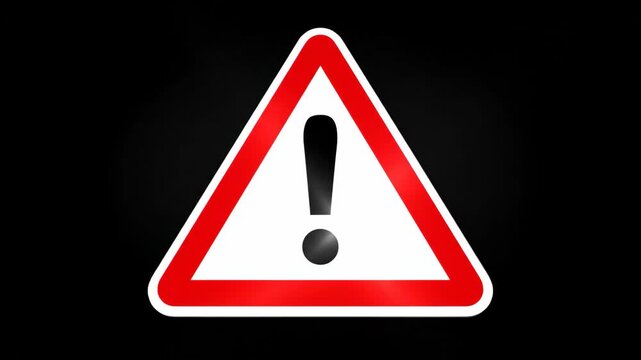 Red Triangle Warning Sign Exclamation Mark - This stock video shows a red and white triangle warning sign with an exclamation mark inside, set against a dark background.