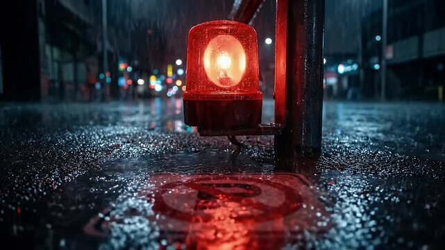 Red warning light glowing on wet street pavement with no parking sign reflecting in rain at night, creating moody and dramatic city atmosphere with reflective urban scene and glowing lights
