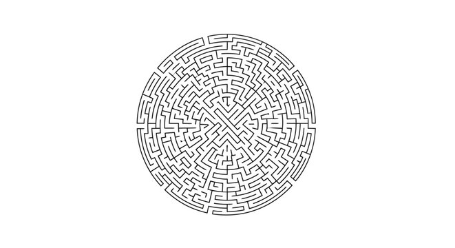 Intricate circular labyrinth design with complex pathways representing a challenge and problem solving concept presented on a plain canvas for business or educational purposes conveying a sense