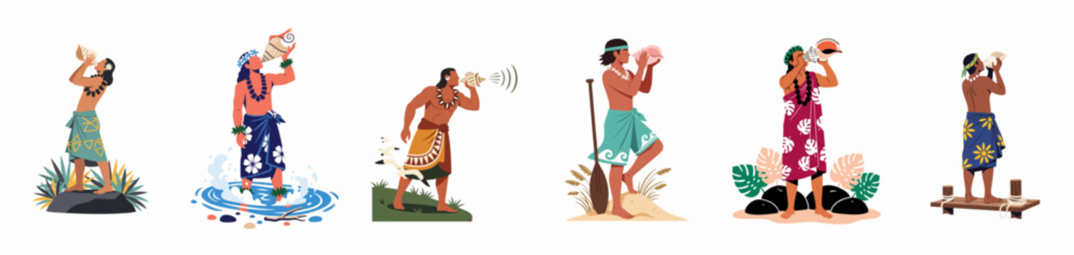 Set of flat vector illustrations featuring Hawaiian men blowing conch shells in different island environments, reflecting Pacific Islander cultural traditions and ceremonies.