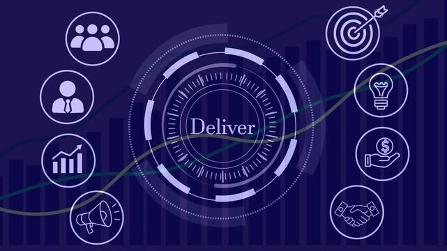 Deliver business concept animated with various icons representing teamwork, leadership, growth, marketing, target, ideas, finance, and partnership in a seamless loop with data visualization background