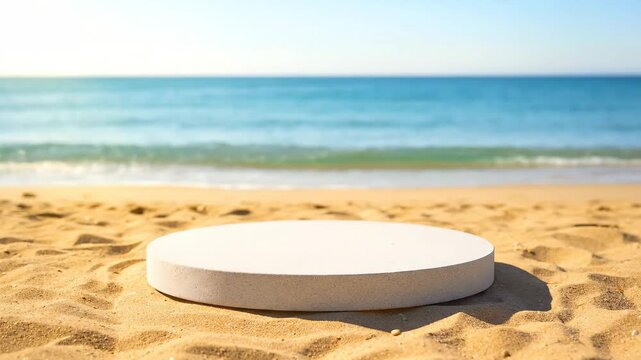 Minimalist Round Platform on Beach - A smooth, round white platform is positioned on golden sand by the shoreline.