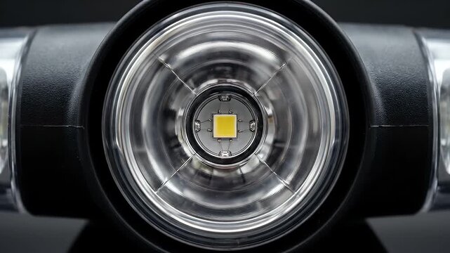 LED light bulb close up with reflective metal and black plastic housing showing detailed electronic components modern design glowing red infrared heating element circular metal coils reflective