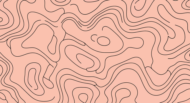 Abstract surface pattern with flowing contour lines in dark ink on a soft blush hue creating organic textured visuals suitable for decorative purposes and design elements
