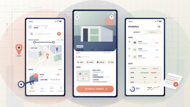 Real estate mobile app interface illustration with property search map, listing detail, price filters, analytics comparison and schedule viewing