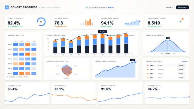 Light cohort progress analytics dashboard with completion rate, attendance, average score, mastery grid, trajectory chart and segment metrics