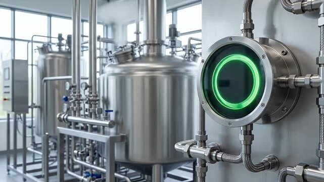 Industrial stainless steel tank with pipes and glowing green gauge clean bright modern factory environment showcasing advanced manufacturing technology and precision engineering for steel tank