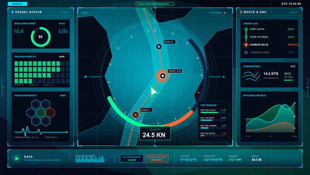 Futuristic maritime bridge interface with vessel status panels, navigation radar map, route log, tide sensors, diagnostics and dark cyan dashboard.