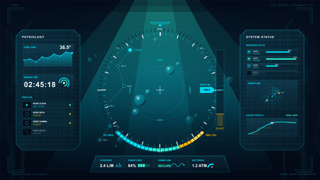 Futuristic underwater exploration HUD with diver physiology, sonar depth gauge, mission timer, inventory status and ascent profile on teal dashboard.