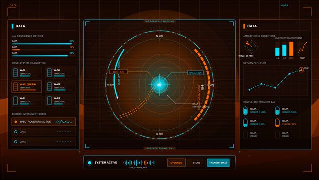 Futuristic topographic mapping HUD for surface exploration with radar display, atmospheric charts, diagnostics and sample bay panels on dark terrain.