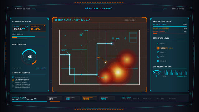Futuristic response command HUD with tactical evacuation map, atmosphere status, line pressure gauge, active objectives and telemetry panels.