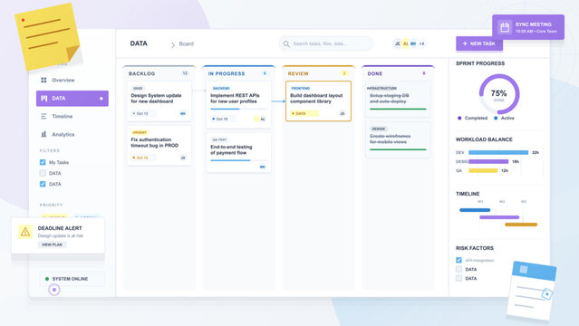 Clean project management dashboard UI with kanban board, task cards, sprint progress chart, workload timeline, deadline alert and meeting reminder.