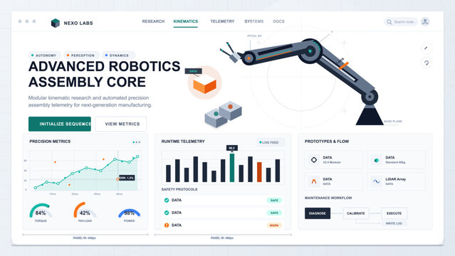 Clean robotics assembly dashboard UI with robotic arm diagram, kinematics metrics, runtime telemetry charts, safety protocols and workflow cards.