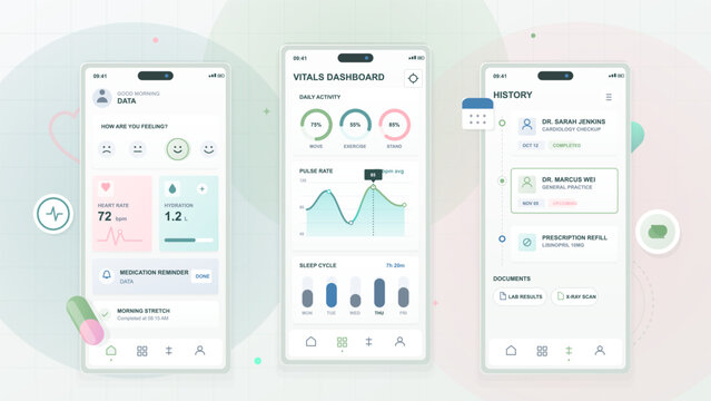 Health tracking mobile interface illustration with three smartphone screens showing vitals dashboard, mood check, medication reminders and history