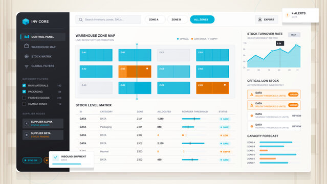 Warehouse inventory control dashboard illustration with zone map, stock matrix, turnover chart, capacity forecast, low stock alerts and sidebar