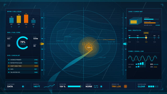 Futuristic aircraft mission HUD illustration with dark radar screen, fuel reserve gauge, cargo bay load panel, route ETA and signal data graphs