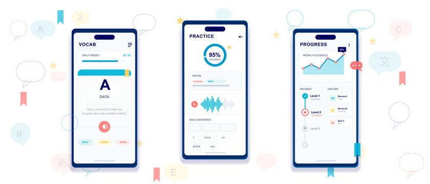 Language learning mobile app interface illustration with three smartphone screens showing vocabulary, practice, progress charts and speech bubbles