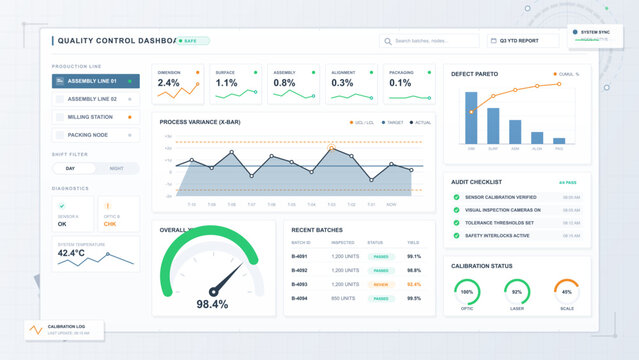 Quality control dashboard illustration with production line metrics, process variance chart, defect pareto, audit checklist and calibration gauges