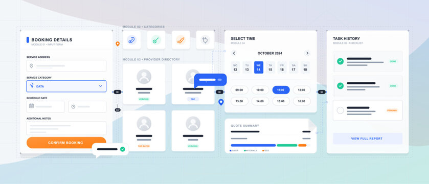 Service booking workflow interface illustration with booking details form, provider directory, time selection, quote summary and task history panels