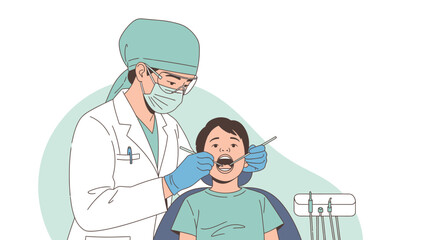 Obraz premium Dentist Examining Child's Teeth with Tools, Dental Health Checkup Illustration