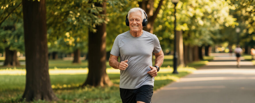 Smiling senior man runs with headphones in a sunny park. He enjoys music and outdoor exercise, showing active retirement. Healthy lifestyle achieved through daily jogging.
