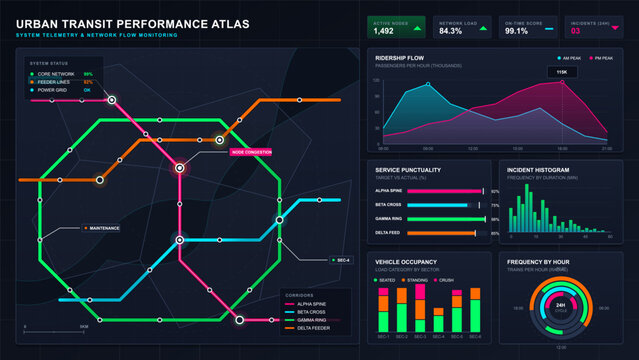 Dark urban transit analytics dashboard with colorful metro route map, telemetry status, ridership charts, incident data and performance metrics