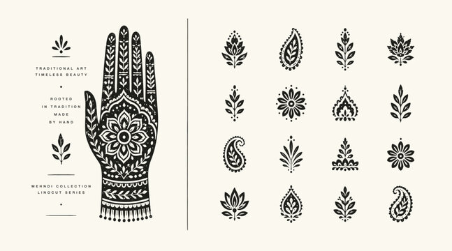 Black and White Mehndi Henna Hand Illustration with Traditional Floral and Paisley Ornaments