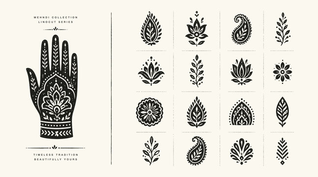 Hand drawn mehndi linocut collection with paisley floral icons and decorated henna hand illustration