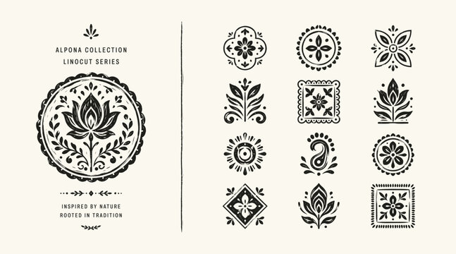 Hand drawn linocut floral motifs and ethnic alpana folk art patterns set