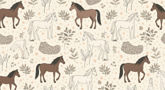charming seamless pattern with hand-drawn horses and botanical elements