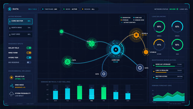 Dark energy grid monitoring dashboard with core hub map, renewable resource inputs, load balancing gauges, maintenance queue and demand charts