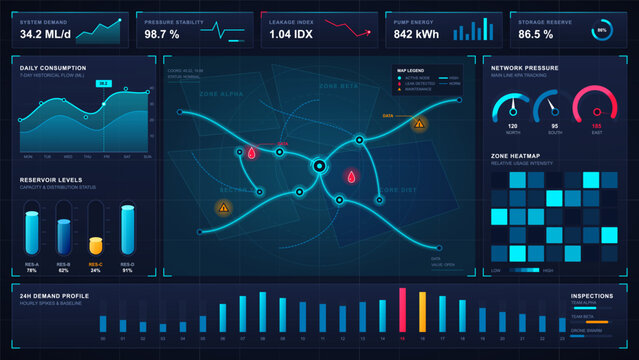 Dark water utility monitoring dashboard with glowing pipeline network map, pressure gauges, reservoir levels, consumption charts and zone heatmap