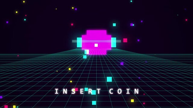 Retro 80s Style Arcade Screen Background with Insert Coin Text