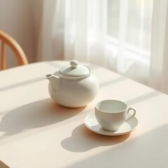 Fototapeta premium Minimal tea ritual with ceramic cup in soft natural light and neutral tones