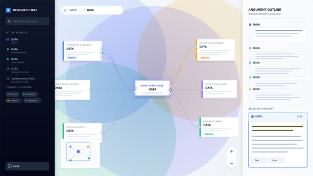 Flat vector research mapping dashboard with connected evidence cards, central synthesis node, dark sidebar, and argument outline panel UI
