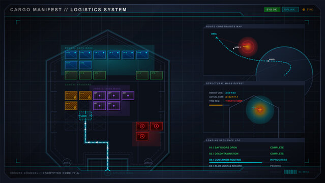 Dark futuristic cargo logistics dashboard with warehouse bay layout, route constraints map, structural mass scan, loading sequence log and neon grid