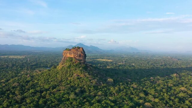 Aerial view of Sigiriya Rock Fortress rising above tropical forest, Sri Lanka