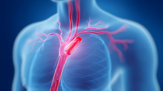 Illustration of human torso with highlighted blood vessels, showing a blockage in an artery, representing a medical visualization of circulatory disease