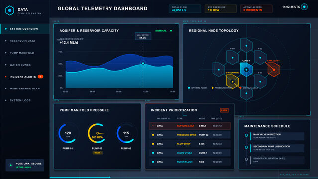Futuristic civic telemetry dashboard with reservoir capacity chart, pump pressure gauges, node topology, incident alerts, and maintenance schedule