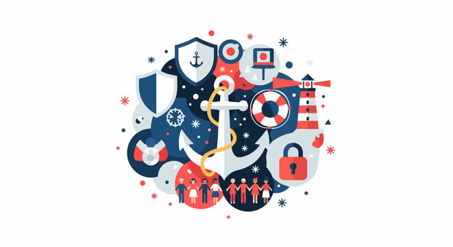 Abstract Maritime Security and Safety Concept Vector Illustration with Anchor, Lighthouse, Lifebuoy, Shield, and Diverse People Holding Hands for Protection